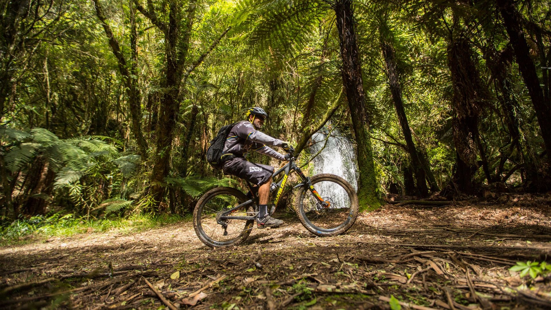 Man Cycling In Front Of A Waterfall on The 42 Traverse Trail - Visit Ruapehu.jpg